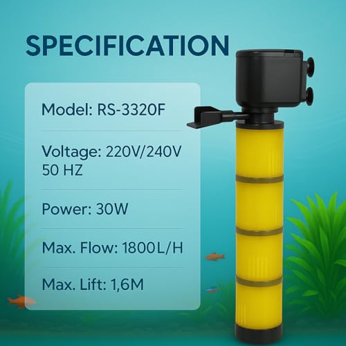 VAYINATO RS Electricals RS-3320F Liquid 4 Layer Sponge Internal Filter | Suits Up to 3 Feet Aquarium Fish Tank | Power : 30W | Output : 1800 L/H - Image 3