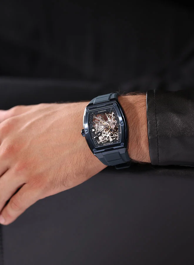 POLICE Skeletor Men's 42mm Automatic Watch with Matte Blue Dial & Navy Silicone Strap