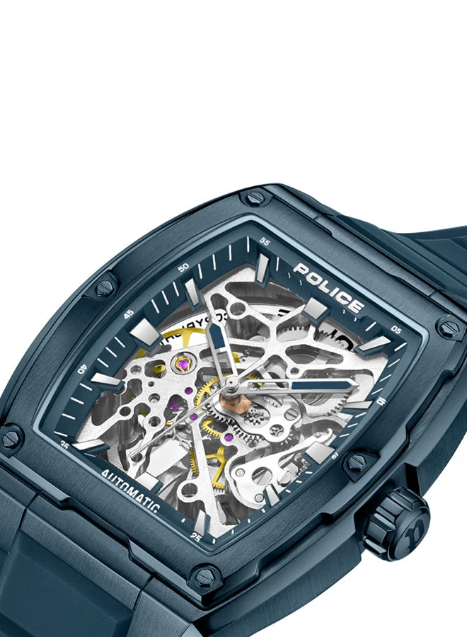 POLICE Skeletor Men's 42mm Automatic Watch with Matte Blue Dial & Navy Silicone Strap