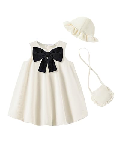 SODLON Toddler Dress 2T 3T Baby Girl Clothes Summer Cream Vintage Bow Bubble Dresses Linen Sleeveless Sundress 3-Piece Set with Hat & Bag Casual Spring Outfits for Photoshoot Wedding - Image 1