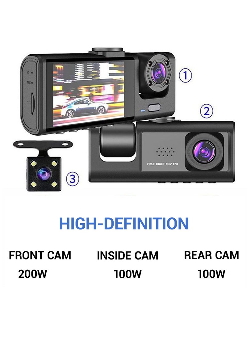 دانسينت ثلاث كاميرات عرض التطبيق كاميرا داش كاميرا أمامية 1280*1080 بكسل، وداخلية وخلفية 1280*720 بكسل، نظام DVR للسيارة، واي فاي مدمج، كاميرا داش كاميرا قابلة للتعديل للسيارات مع رؤية ليلية، 24 ساعة وقوف السيارات - Image 4