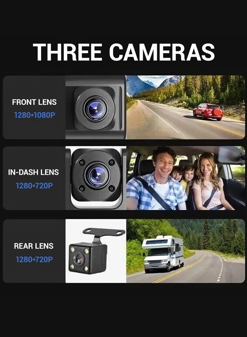 دانسينت ثلاث كاميرات عرض التطبيق كاميرا داش كاميرا أمامية 1280*1080 بكسل، وداخلية وخلفية 1280*720 بكسل، نظام DVR للسيارة، واي فاي مدمج، كاميرا داش كاميرا قابلة للتعديل للسيارات مع رؤية ليلية، 24 ساعة وقوف السيارات - Image 5