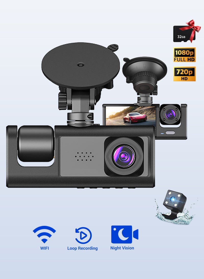 دانسينت ثلاث كاميرات عرض التطبيق كاميرا داش كاميرا أمامية 1280*1080 بكسل، وداخلية وخلفية 1280*720 بكسل، نظام DVR للسيارة، واي فاي مدمج، كاميرا داش كاميرا قابلة للتعديل للسيارات مع رؤية ليلية، 24 ساعة وقوف السيارات - Image 1