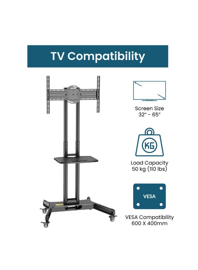 KALOC Mobile TV Cart for 32"-65" TVs up to 50 kg/110 lbs with VESA up to 600x400mm, 90° Rotation for Portrait and Landscape Modes, Includes Equipment Shelf, Lockable Wheels for Easy Mobility - TF-L65-X - Image 3