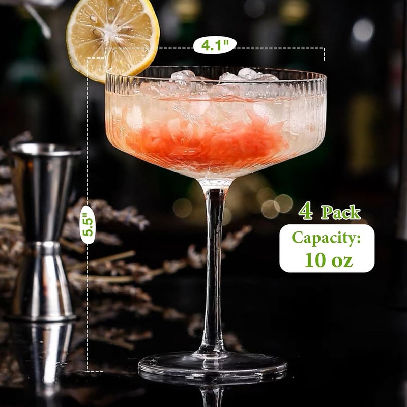 Qipecedm 4 Pcs Ribbed Coupe Glasses, 10 oz Vintage Coupe Glass Set, Unique Martini Glass, Classic Cocktail Galssware, Bar Drinking Glasses Set Pefect for Cocktail, Wine, Champagne & Gift - Image 5