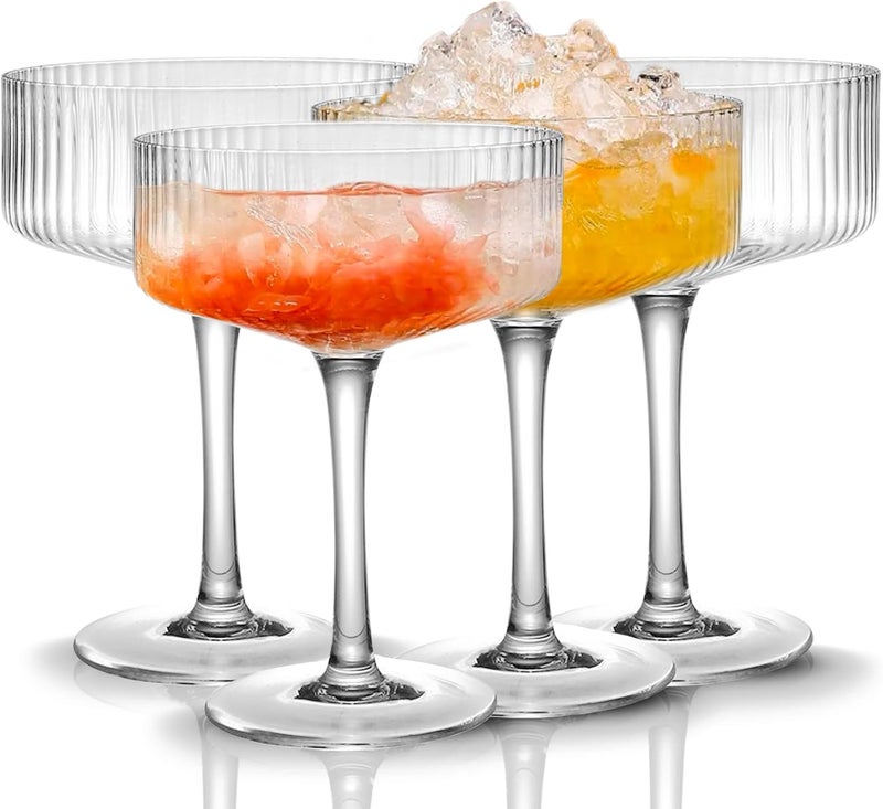Qipecedm 4 Pcs Ribbed Coupe Glasses, 10 oz Vintage Coupe Glass Set, Unique Martini Glass, Classic Cocktail Galssware, Bar Drinking Glasses Set Pefect for Cocktail, Wine, Champagne & Gift - Image 1