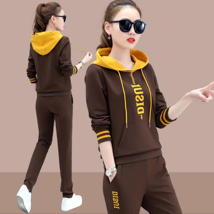 Fashion Suit Womens 2023 Spring and Autumn New Elegant Korean Style Loose Slimming Casual Sweater Sportswear Two-piece Set Coffee