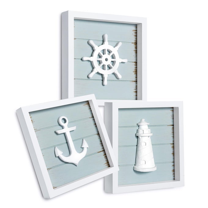 TIDEANDTALES 3D NAUTICAL WALL DECOR 7X7 COASTAL THEME HOME DECORATIONS WITH ANCHOR LIGHTHOUSE AND SHIP WHEEL RUSTIC OCEAN INSPIRED BATHROOM DECOR NAUTICAL GIFTS FRAMED SET OF 3