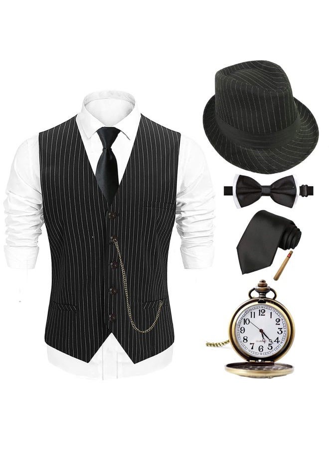 EFORLED 1920s Mens Costume Fedora Hat,Gatsby Gangster Vest,Vintage Pocket Watch,Pre Tied Bow Tie,Tie, Twvest-cswhhat, XL - Image 1