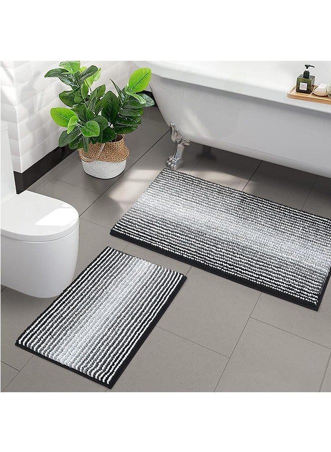LENND Bathroom Rugs and Mats Sets, 2 Piece Thick Absorbent Chenille Bath Mat Rug Set Non Slip, Soft  Bath Room Floor Mats for Bathroom, Machine Washable 50 * 80cm+40 * 60cm, Black - Image 1