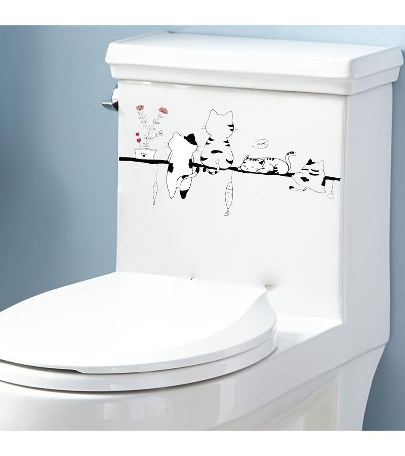 Stick Figure Cat And Fish Cartoon Toilet Sticker Self-Adhesive Decal MT-17 - Image 5