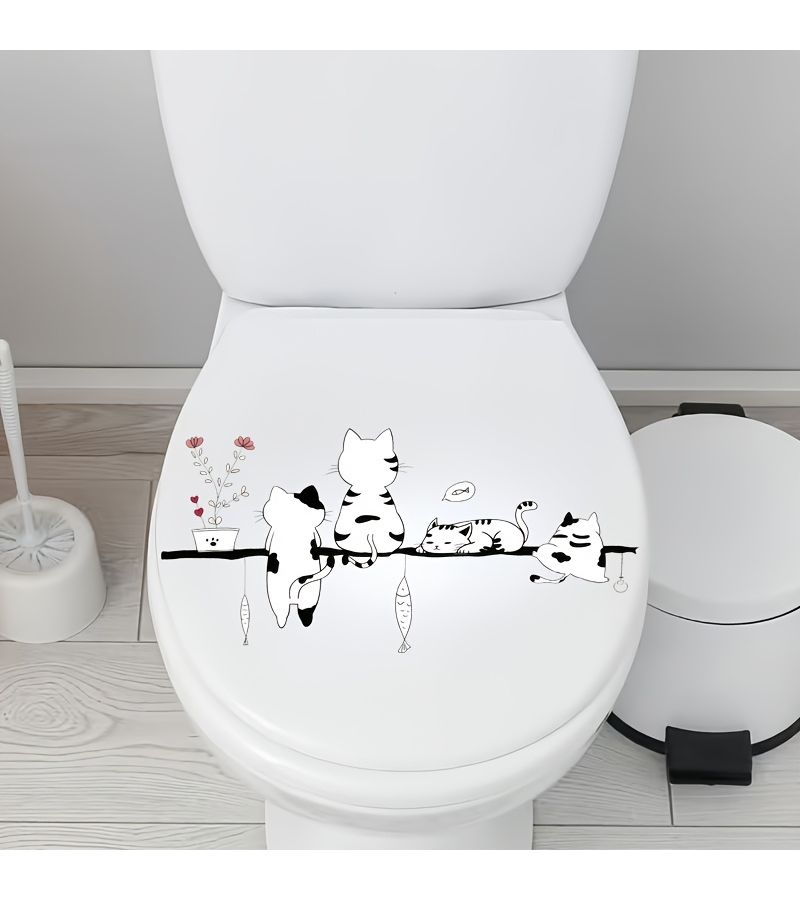 Stick Figure Cat And Fish Cartoon Toilet Sticker Self-Adhesive Decal MT-17 - Image 1