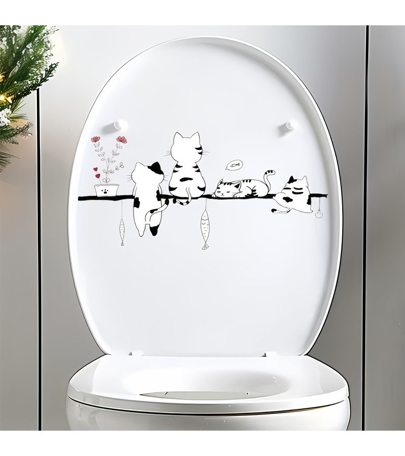 Stick Figure Cat And Fish Cartoon Toilet Sticker Self-Adhesive Decal MT-17 - Image 2