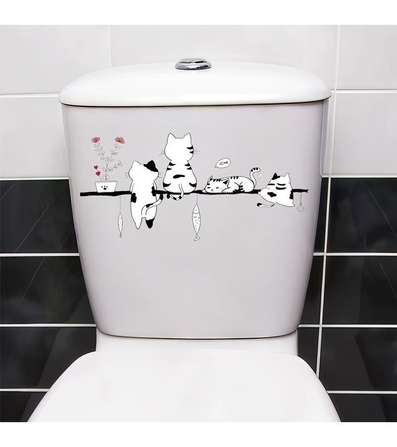 Stick Figure Cat And Fish Cartoon Toilet Sticker Self-Adhesive Decal MT-17 - Image 4