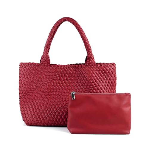 LIKEBAG Woven Tote Bag Womens Purse Vegan Leather Shoulder Handbags Fashion Summer Beach Tote Bags Large Travel Totes (Red) - Image 1