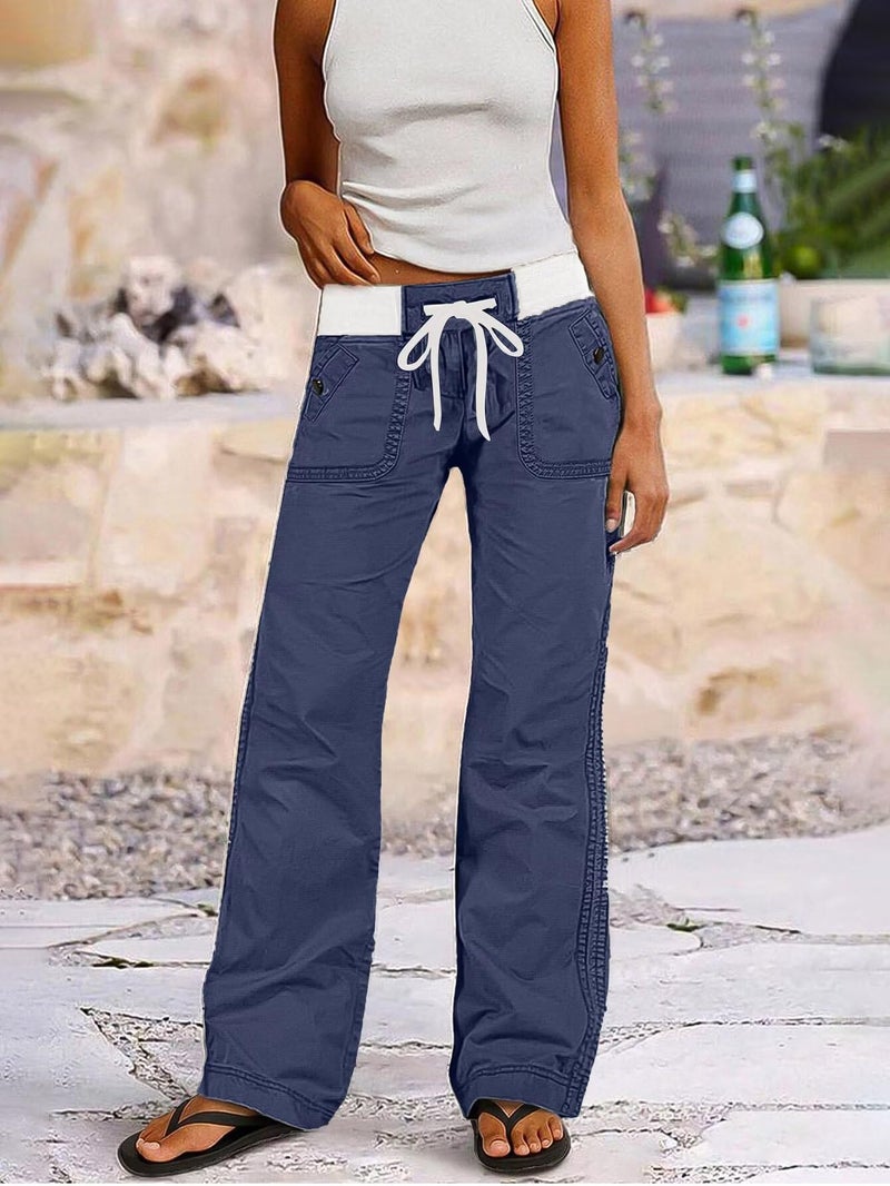 Flamingals Straight Leg Pants for Women Drawstring Waist Mid Rise Casual Solid Seam Detail Pants Steel Blue M - Image 3