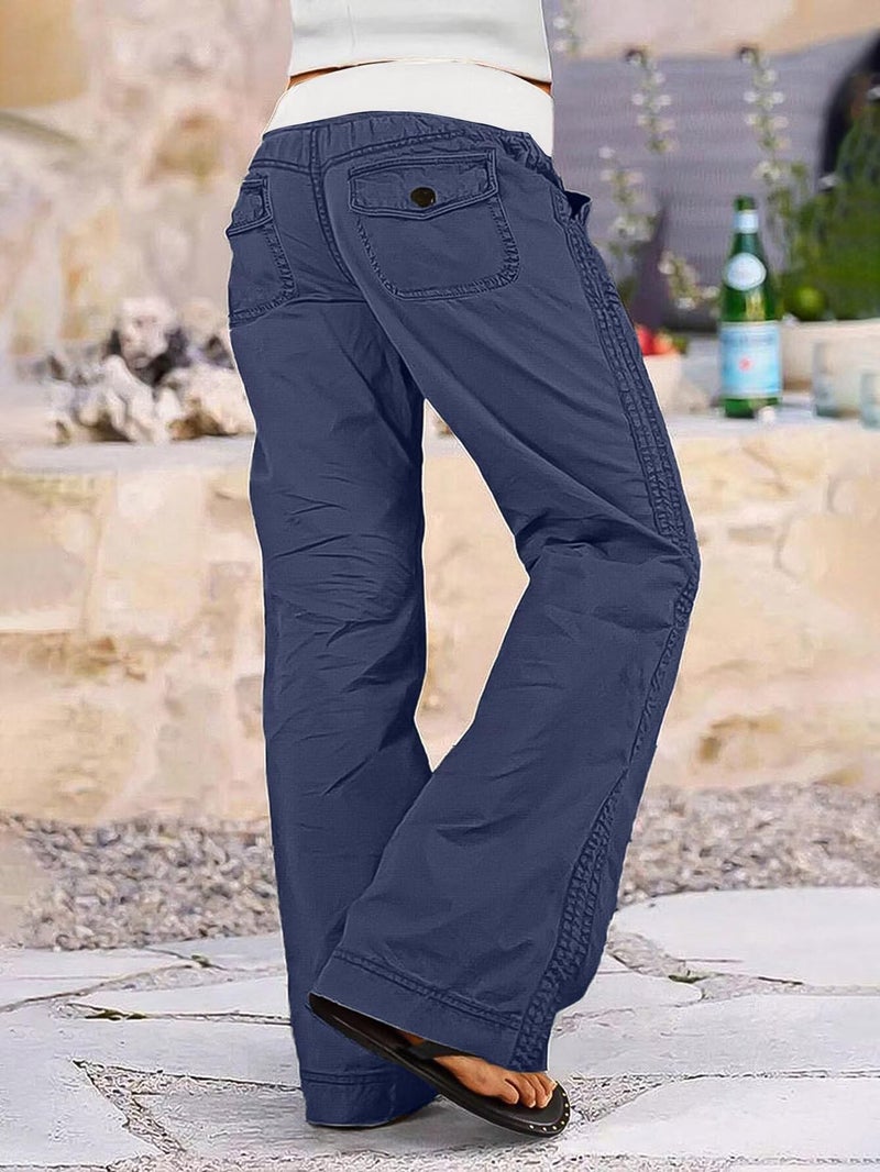 Flamingals Straight Leg Pants for Women Drawstring Waist Mid Rise Casual Solid Seam Detail Pants Steel Blue M - Image 2