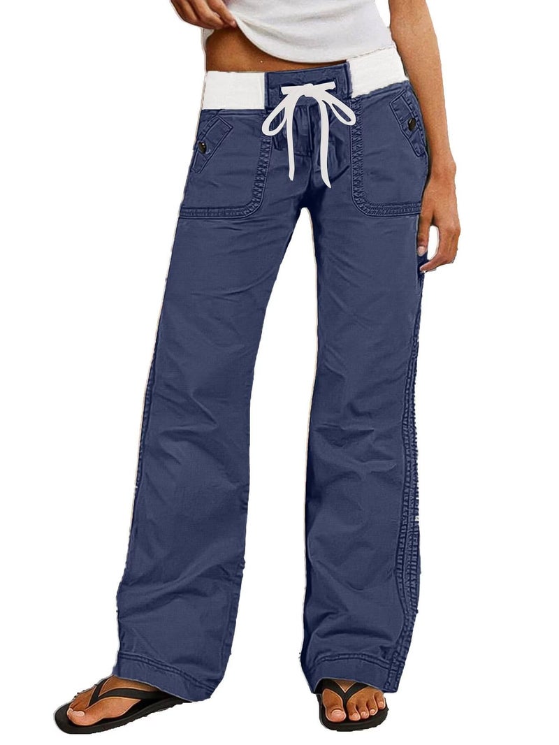 Flamingals Straight Leg Pants for Women Drawstring Waist Mid Rise Casual Solid Seam Detail Pants Steel Blue M - Image 1