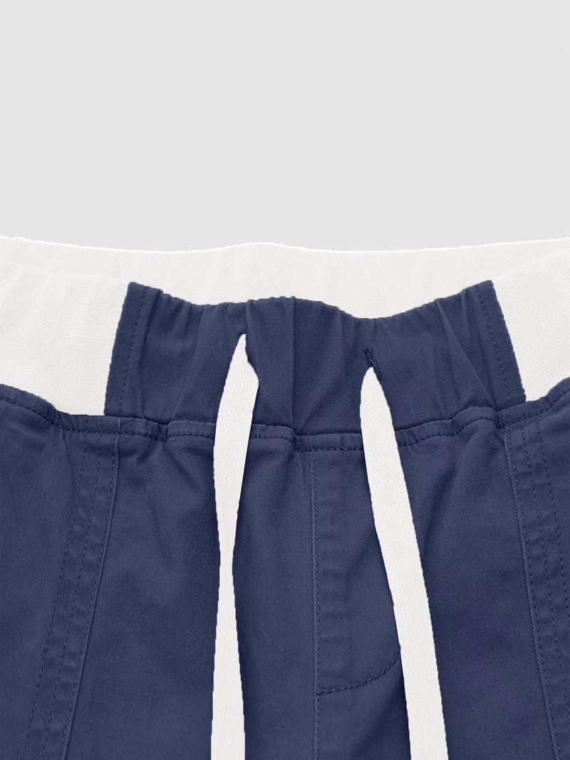 Flamingals Straight Leg Pants for Women Drawstring Waist Mid Rise Casual Solid Seam Detail Pants Steel Blue M - Image 4