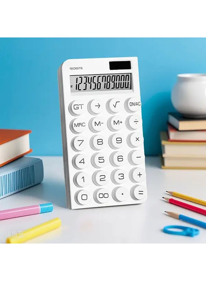 White Portable Solar Calculator with LED Display Mechanical Buttons and Pencil Holder for Office and Student Use - Image 1