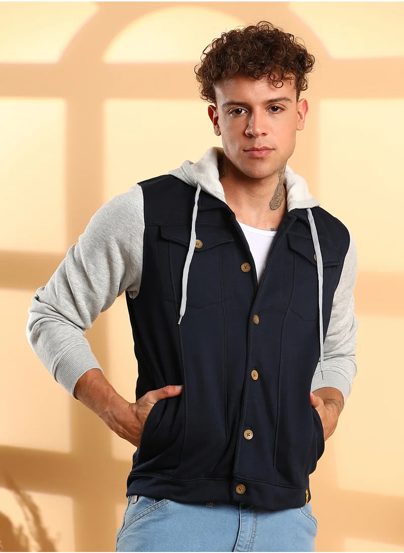 Campus Sutra Men's Grey & Navy Blue Button-Front Jacket With Contrast Detail