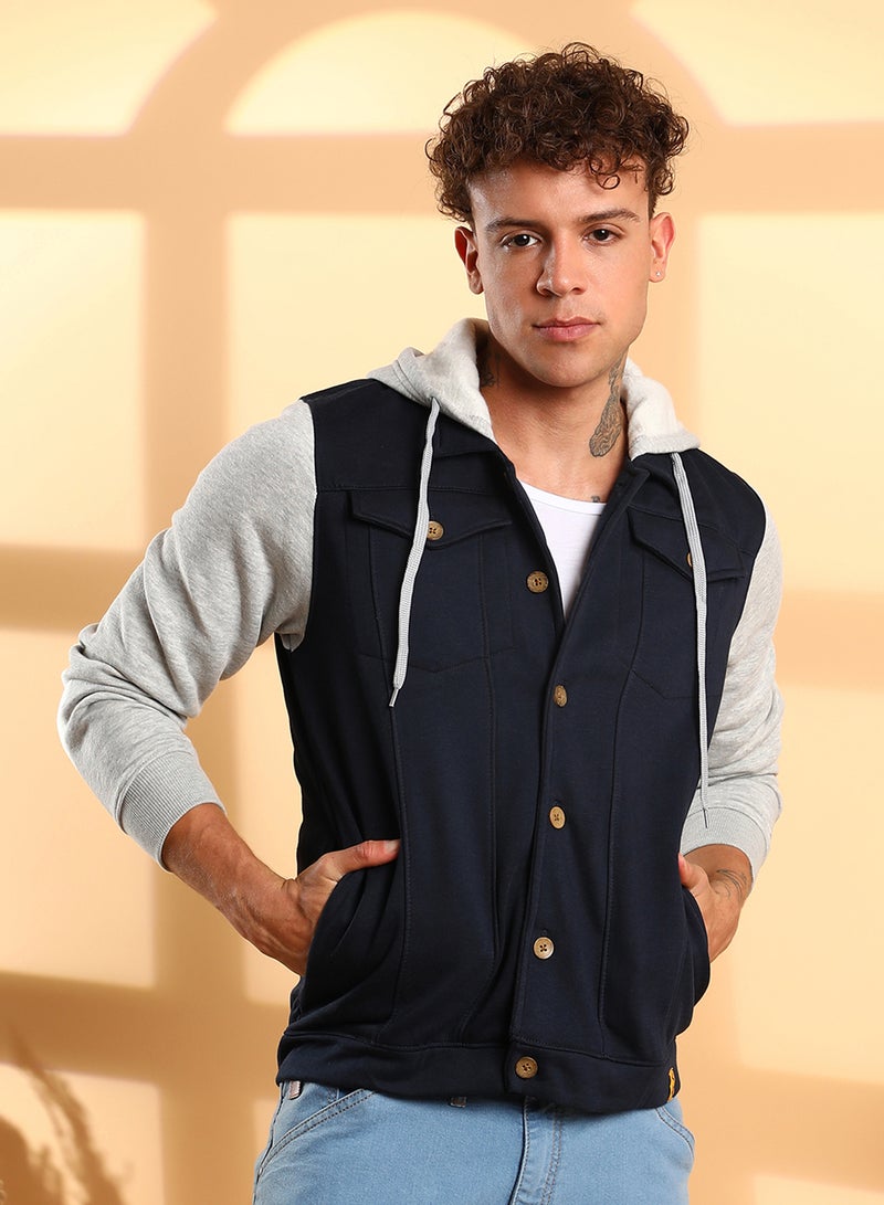 Campus Sutra Men's Grey & Navy Blue Button-Front Jacket With Contrast Detail - Image 2