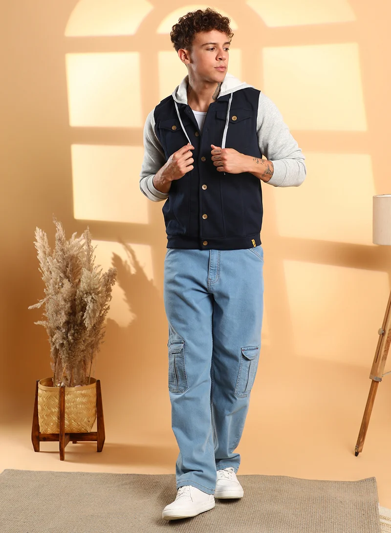Campus Sutra Men's Grey & Navy Blue Button-Front Jacket With Contrast Detail