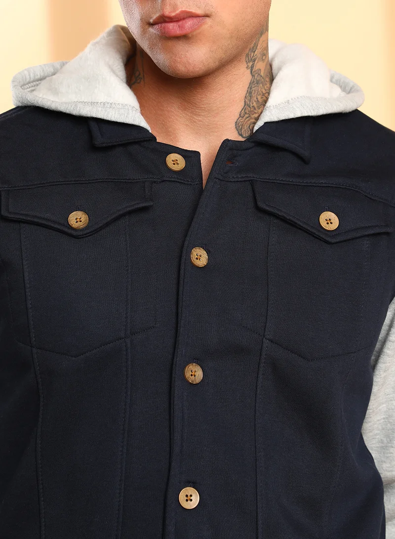 Campus Sutra Men's Grey & Navy Blue Button-Front Jacket With Contrast Detail