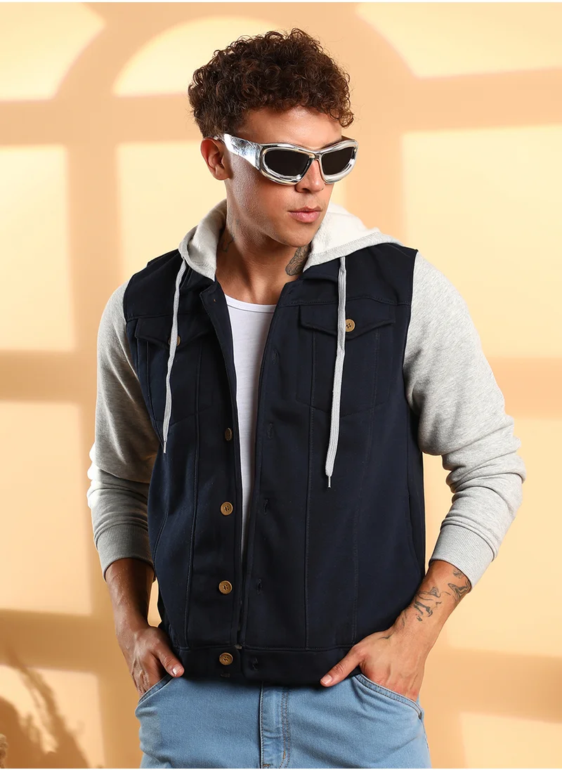 Campus Sutra Men's Grey & Navy Blue Button-Front Jacket With Contrast Detail