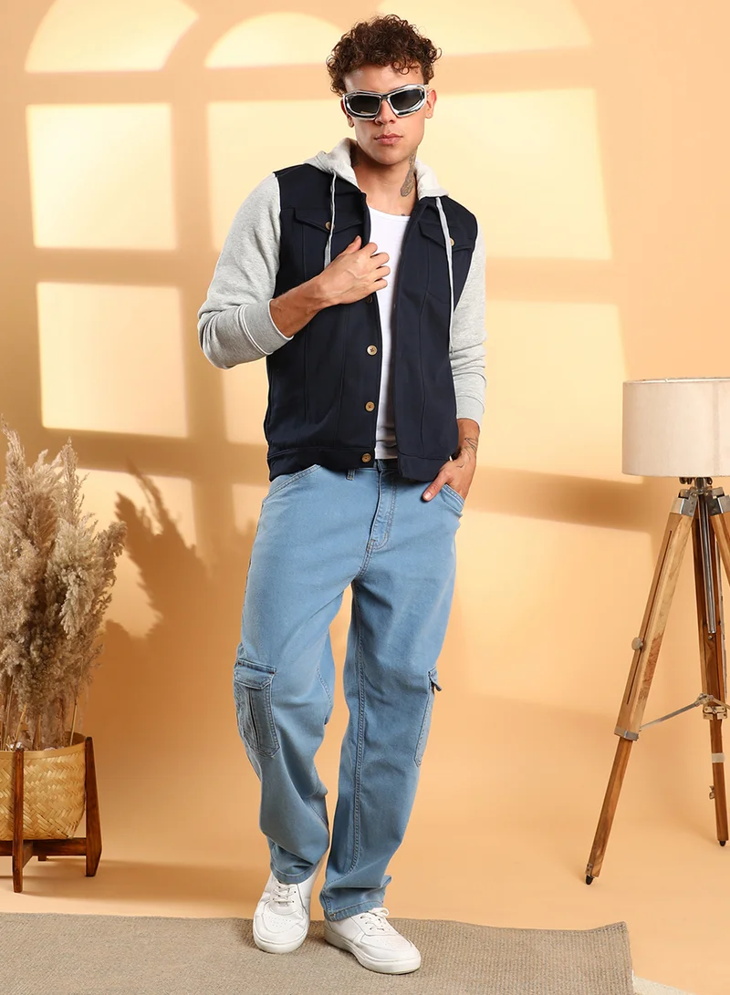 Campus Sutra Men's Grey & Navy Blue Button-Front Jacket With Contrast Detail