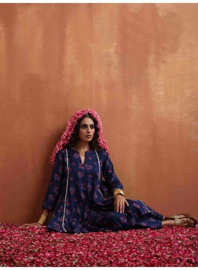 trueBrowns Blue Floral Print Flared Anarkali Kurta Co-ord Set