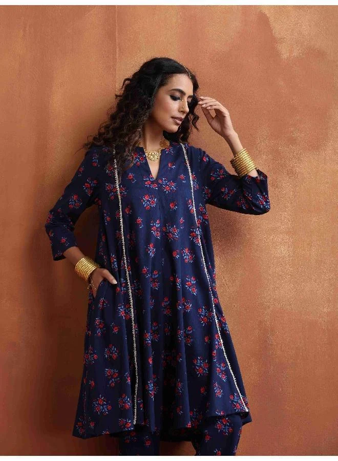 ترو برونز trueBrowns Blue Floral Print Flared Anarkali Kurta Co-ord Set