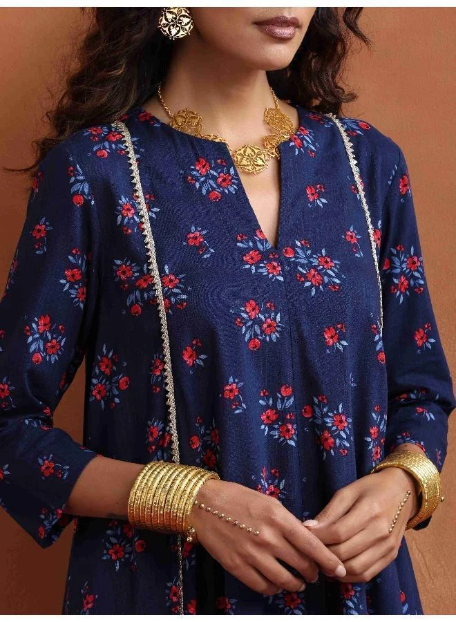 ترو برونز trueBrowns Blue Floral Print Flared Anarkali Kurta Co-ord Set
