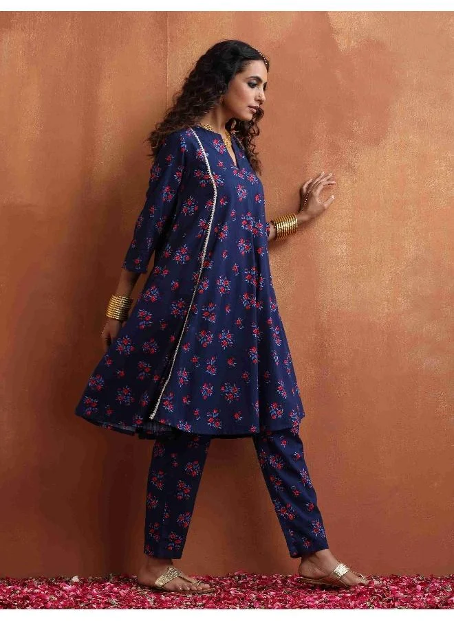 trueBrowns Blue Floral Print Flared Anarkali Kurta Co-ord Set