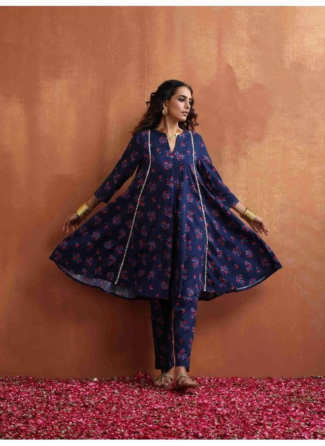 trueBrowns Blue Floral Print Flared Anarkali Kurta Co-ord Set