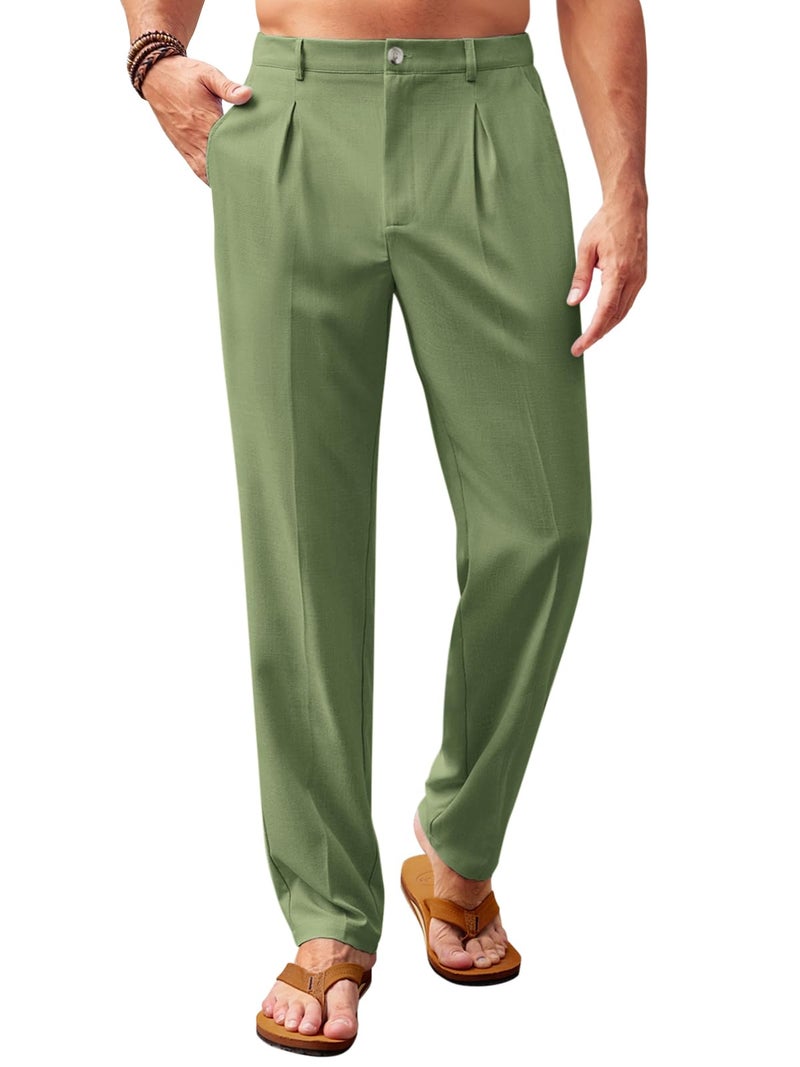 Runcati Mens Casual Pants Elastic Waist Lightweight Loose Fit Pleated Slacks Summer Beach Yoga Trousers Army Green
