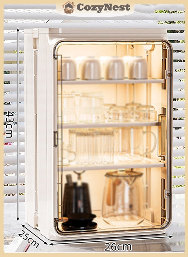 كوزينيست رف أكواب وأطباق لسطح المطبخ منظم أكواب القهوة والأوعية مع حامل تجفيف، حامل أكواب شاي وأكواب ماء مقاوم للغبار قابل للطي لتوفير المساحة حامل أطباق وأكواب أبيض - Image 1