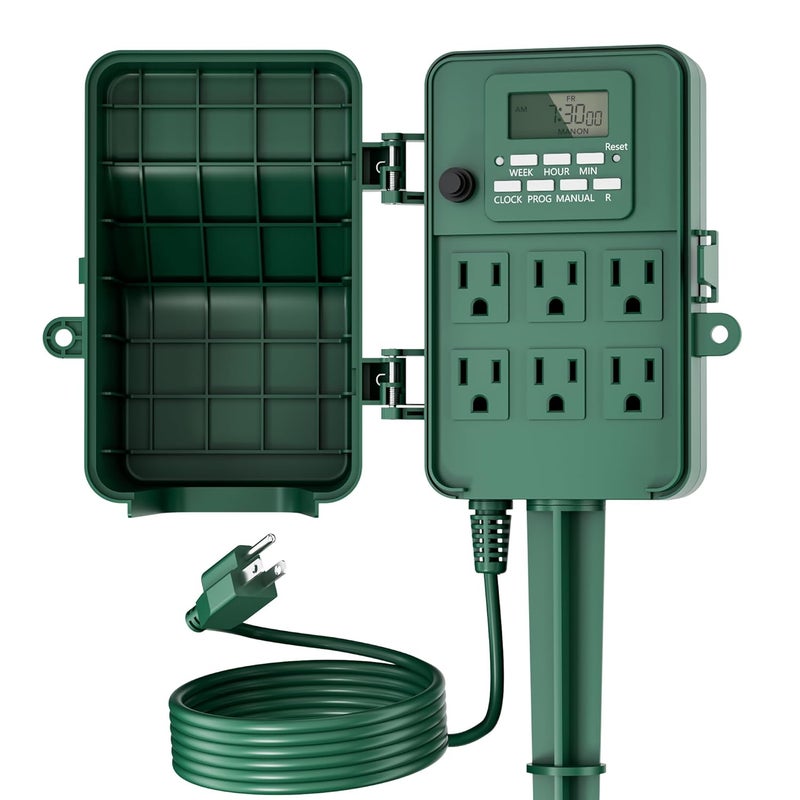 BN-LINK Outdoor Power Stake, 7-Day Programmable Digital Timer, 6 Outlets, 6FT Extension Cord, Waterproof Perfect for Christmas, Halloween, Garden Decorations, ETL Listed - Image 1
