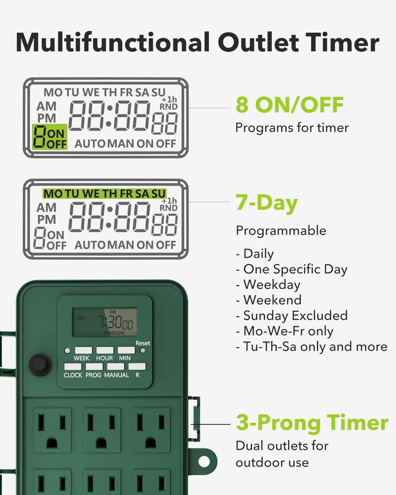 BN-LINK Outdoor Power Stake, 7-Day Programmable Digital Timer, 6 Outlets, 6FT Extension Cord, Waterproof Perfect for Christmas, Halloween, Garden Decorations, ETL Listed - Image 2