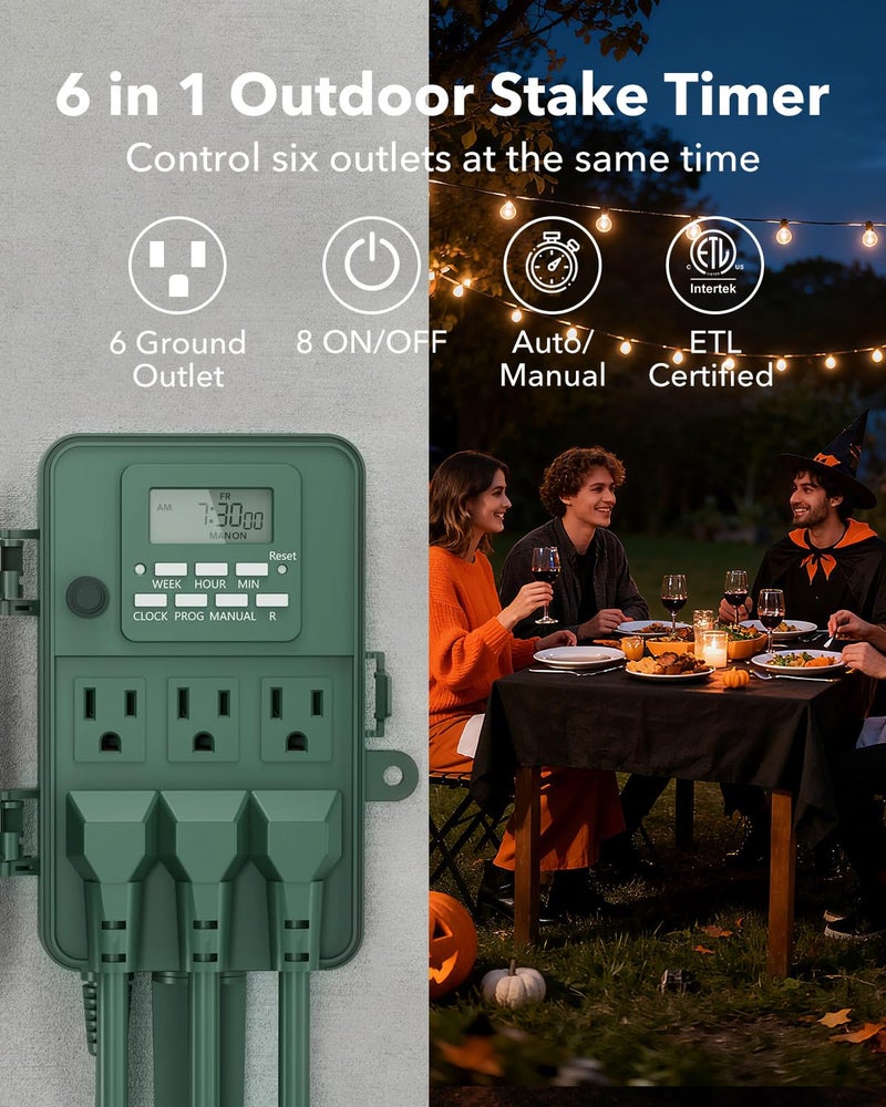 BN-LINK Outdoor Power Stake, 7-Day Programmable Digital Timer, 6 Outlets, 6FT Extension Cord, Waterproof Perfect for Christmas, Halloween, Garden Decorations, ETL Listed - Image 3