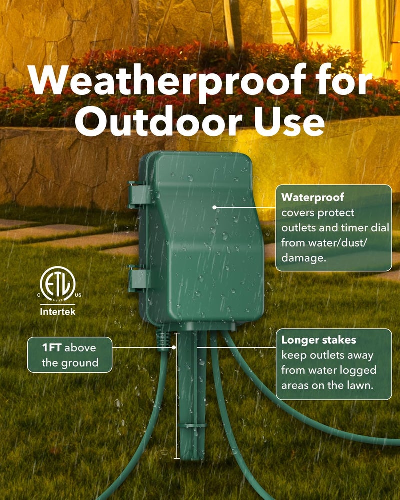 BN-LINK Outdoor Power Stake, 7-Day Programmable Digital Timer, 6 Outlets, 6FT Extension Cord, Waterproof Perfect for Christmas, Halloween, Garden Decorations, ETL Listed - Image 4