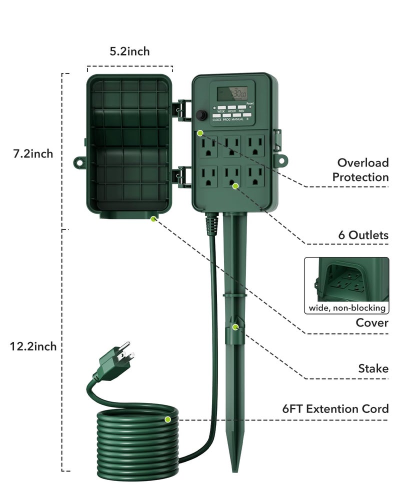 BN-LINK Outdoor Power Stake, 7-Day Programmable Digital Timer, 6 Outlets, 6FT Extension Cord, Waterproof Perfect for Christmas, Halloween, Garden Decorations, ETL Listed - Image 5