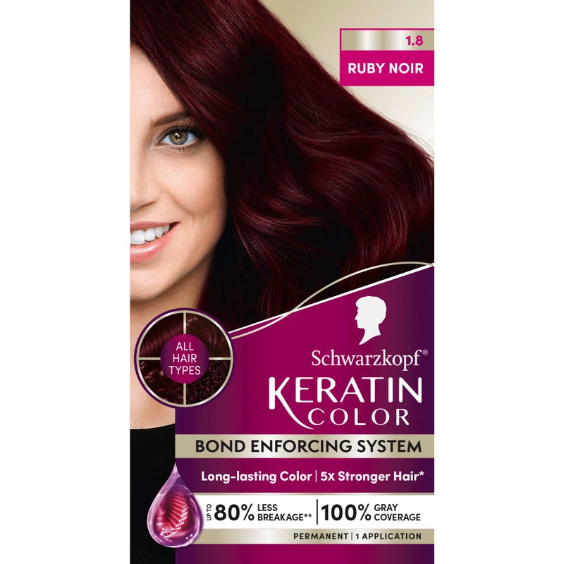 Schwarzkopf Keratin Permanent Hair Dye Cream, 1.8 Ruby Noir, Professional Quality Color for Up to 100% Gray Coverage, Bond Enforcing System - Image 1