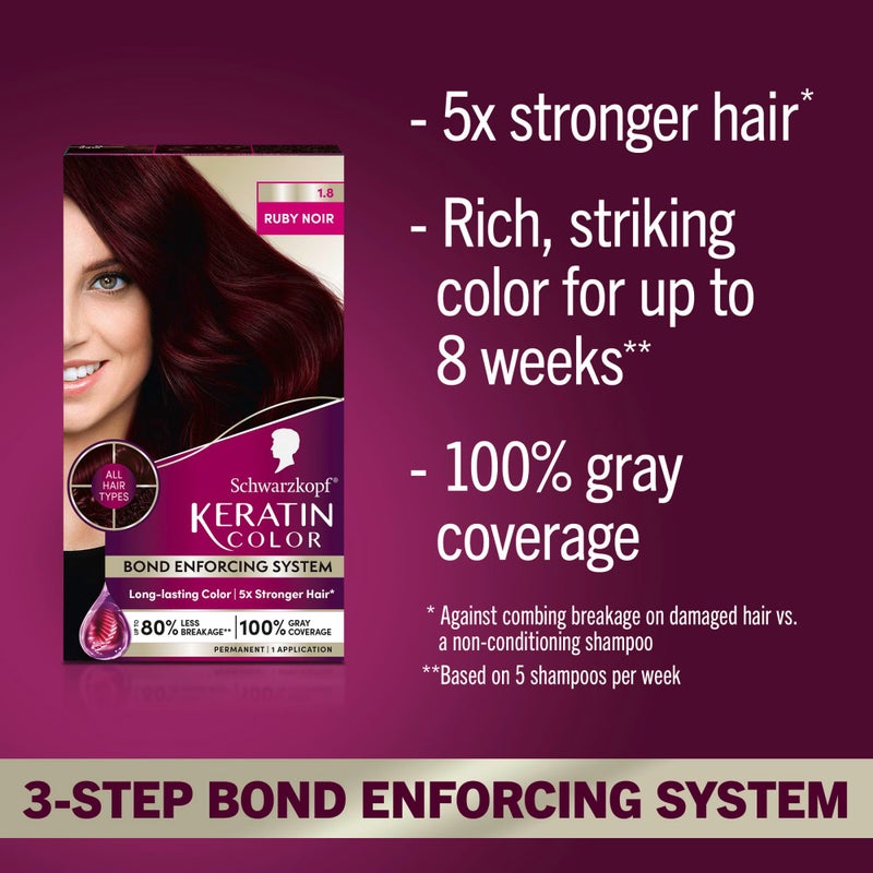 Schwarzkopf Keratin Permanent Hair Dye Cream, 1.8 Ruby Noir, Professional Quality Color for Up to 100% Gray Coverage, Bond Enforcing System - Image 2