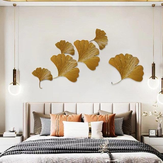 ZOVE Metal Gingkgo Gold leaves Wall Art Set of 6 Wall Hanging Home Decoration Perfect for Living Room/Hotel/Restaurant/Bedroom/Drawing Room (Color : Golden) - Image 1