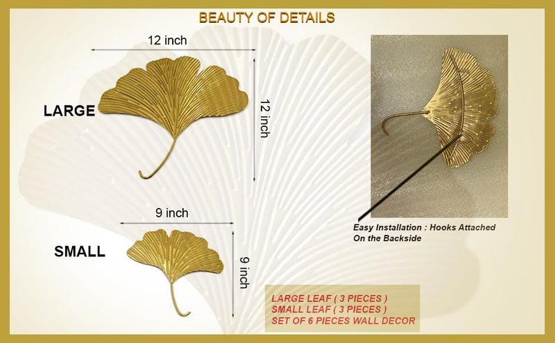 ZOVE Metal Gingkgo Gold leaves Wall Art Set of 6 Wall Hanging Home Decoration Perfect for Living Room/Hotel/Restaurant/Bedroom/Drawing Room (Color : Golden) - Image 5