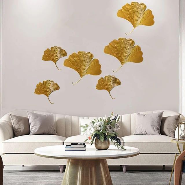 ZOVE Metal Gingkgo Gold leaves Wall Art Set of 6 Wall Hanging Home Decoration Perfect for Living Room/Hotel/Restaurant/Bedroom/Drawing Room (Color : Golden) - Image 2