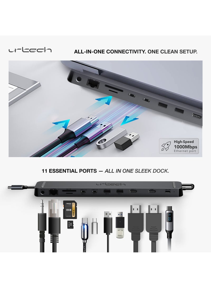 11 في 1 USB-C 8K@30Hz، 10Gbps، قاعدة متعددة الوظائف، تدعم توسيع الفيديو المزدوج مع 2 HDMI، 1000Mbps LAN، 100W PD، 3 منافذ USB GEN 2 (2xUSB-A و1xUSB-C)، USB GEN 1 (1xUSB-C)، قارئ بطاقات SD/TF، AUX3.5