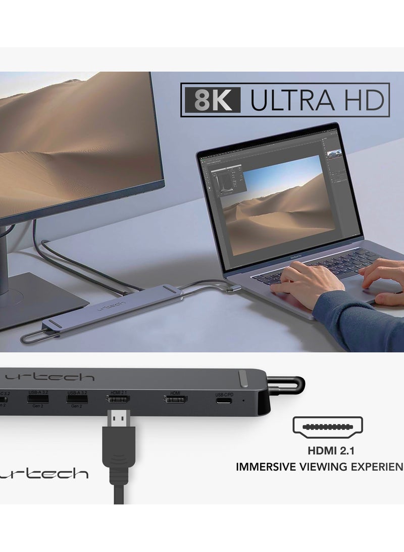 11 في 1 USB-C 8K@30Hz، 10Gbps، قاعدة متعددة الوظائف، تدعم توسيع الفيديو المزدوج مع 2 HDMI، 1000Mbps LAN، 100W PD، 3 منافذ USB GEN 2 (2xUSB-A و1xUSB-C)، USB GEN 1 (1xUSB-C)، قارئ بطاقات SD/TF، AUX3.5