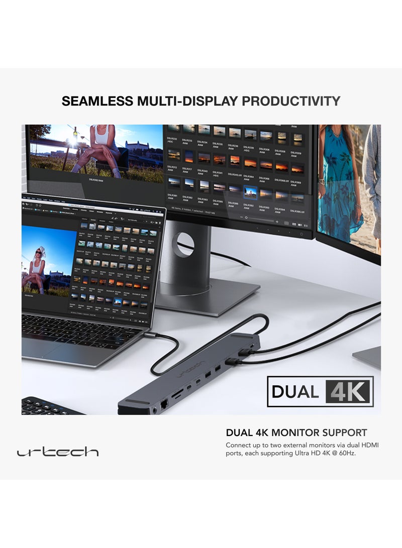 11 في 1 USB-C 8K@30Hz، 10Gbps، قاعدة متعددة الوظائف، تدعم توسيع الفيديو المزدوج مع 2 HDMI، 1000Mbps LAN، 100W PD، 3 منافذ USB GEN 2 (2xUSB-A و1xUSB-C)، USB GEN 1 (1xUSB-C)، قارئ بطاقات SD/TF، AUX3.5